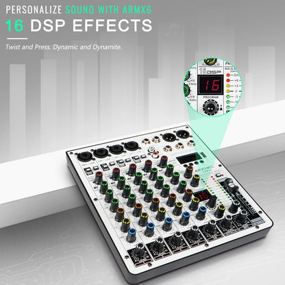 ARVOMIC 6 Channel DJ Audio Mixer – USB Interface, Bluetooth, 16 DSP Effects, 3-Band EQ (ARMX-6)