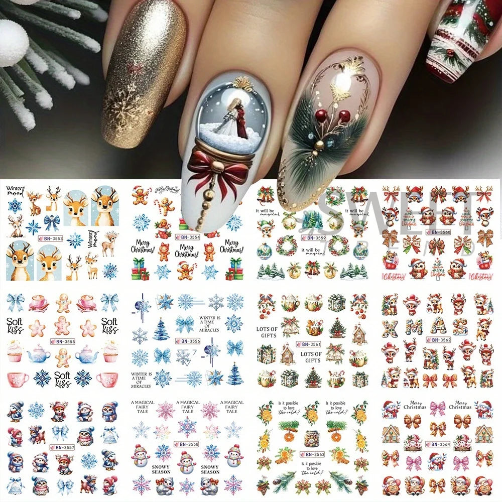 12 Christmas Nail Watermark Stickers – Gingerbread, Deer, Bow, Snowflake & Santa Designs