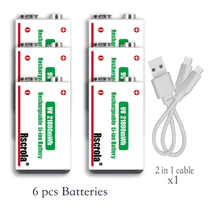 9V Lithium-Ion Rechargeable Battery 21800mWh – High-Capacity Power for Guitar, Microphone, Smoke Detector & Pedals with Cable