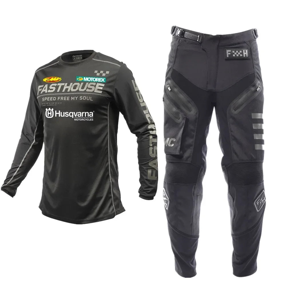 2025 Husqvarna Off-Road Gear Set – Black MX Moto Jersey & Pants Combo with Pocket for Motorcycles