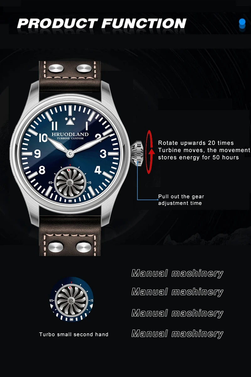 Hruodland 43MM Pilot Men’s Manual Mechanical Watch — Sapphire Crystal, BGW-9 Night Light, Turbine Design, Waterproof 5Bar