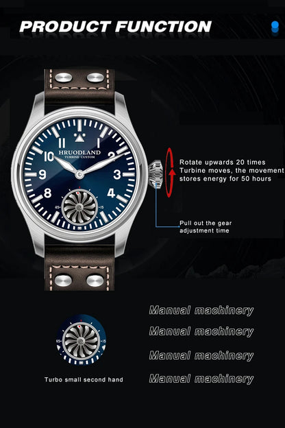 Hruodland 43MM Pilot Men’s Manual Mechanical Watch — Sapphire Crystal, BGW-9 Night Light, Turbine Design, Waterproof 5Bar