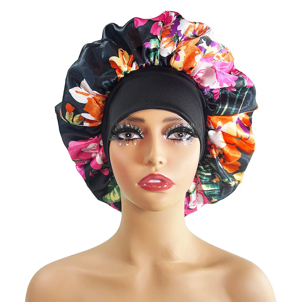 Large Satin Bonnet for Women - Flower Print Silk Sleep Cap with Elastic Band for Braids, Curly & High-Density Hair