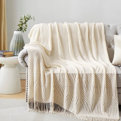 White Boho Throw Blanket – Textured Chunky Knitted Vintage Luxury Bedspread, Sofa Cover Manta Para Sofá