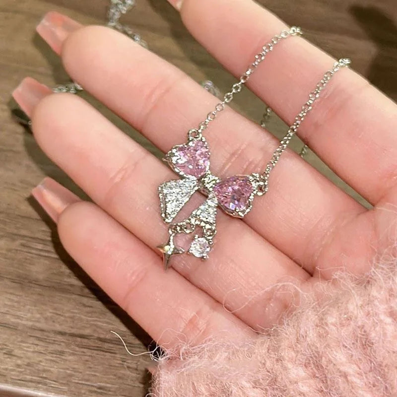 Sweet Pink Bow Necklace – Fashionable Rhinestone Star Pendant Clavicle Chain, Delicate Wedding Accessories for Women