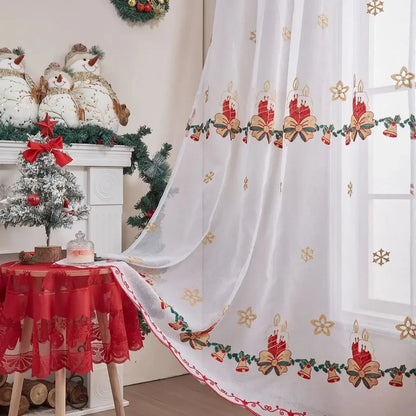 Snowflake Embroidered Tulle Curtain - Christmas Window Screen Sheer Decor for Living Room Bedroom