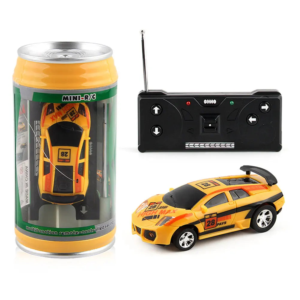 Coke Can Mini RC Car — Battery-Operated Plastic Remote Control Racing Vehicle with Roadblocks, Micro Racing Toy for Kids & Boys