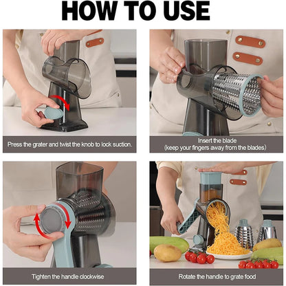 LMETJMA 3-in-1 Rotary Cheese Grater - Manual Vegetable Slicer, Nut Grinder & Shredder Kitchen Tool
