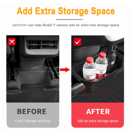 Rear Seat Storage Box for Tesla Model Y: Organizer Center Console Bins, Backseat Trash Can, Garbage Bag - Under Seat Tray Accessories