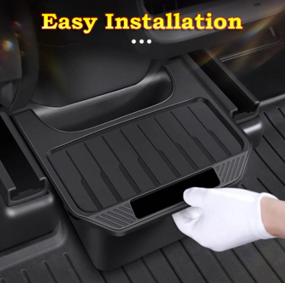 Rear Seat Storage Box for Tesla Model Y: Organizer Center Console Bins, Backseat Trash Can, Garbage Bag - Under Seat Tray Accessories