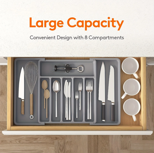 Adjustable Flatware Organizer Tray with Dividers Plastic Utensil Holder for Spoons Forks Knives Storage