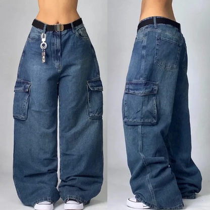 Y2K Streetwear Baggy Jeans – Unisex Washed Multi-Pocket Wide Leg High Waist Hip-Hop Gothic Harajuku Pants