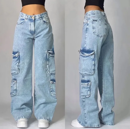 Y2K Streetwear Baggy Jeans – Unisex Washed Multi-Pocket Wide Leg High Waist Hip-Hop Gothic Harajuku Pants