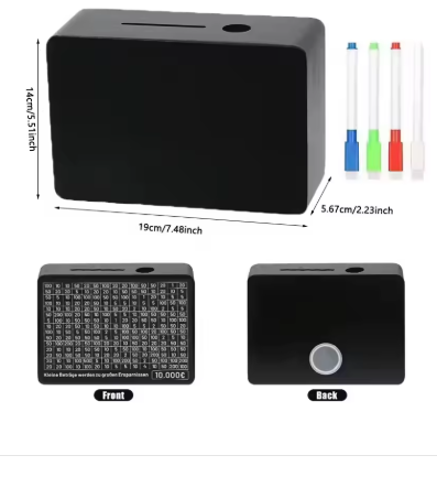 Black Wooden Piggy Bank with Counter - Coin Bank for Saving Euros, Includes Paper Saving Goals and Numbers