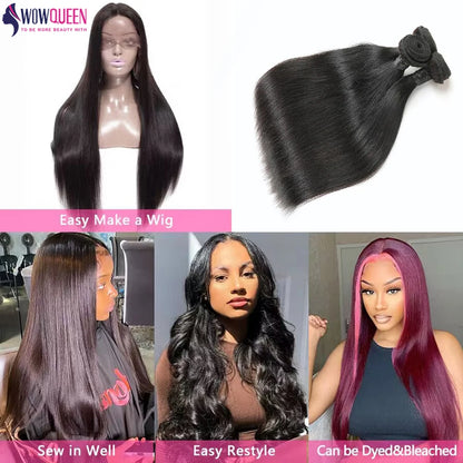 Straight Human Hair Bundles With Closure - Raw Brazilian Hair Extensions 2x6 4x4 13x4 Transparent Frontal Weave Set