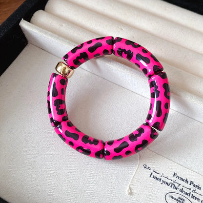 Leopard Print Bamboo Tube Acrylic Bracelets - Retro Stretch Beaded Bangles for Women & Men, Stackable Jewelry Gift
