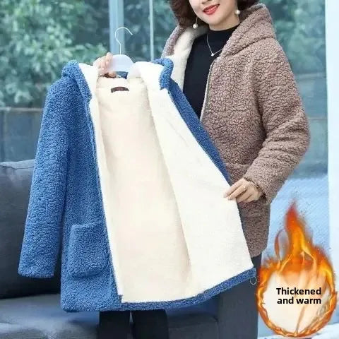 Women’s Thickened Hooded Cotton Jacket – Fleece-Lined Winter Coat, Warm Mommy-Style Outerwear by AE Stock