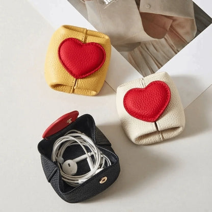 Casual Solid Color Cowhide Coin Purse – Love Heart Square Multi-Function Small Bag for Coins, Earphones & Gifts