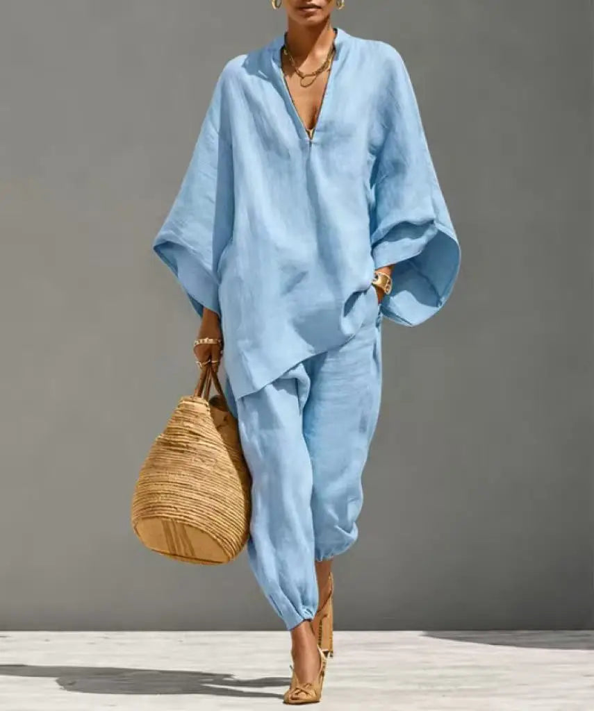 Women’s Linen Casual Set - Summer Loose Deep V-Neck Batwing Sleeve Nine-Piece Solid Color Outfit