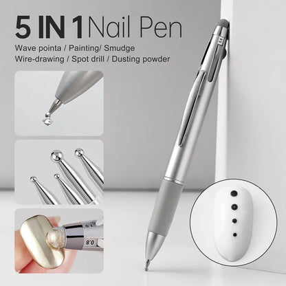 5-in-1 Nail Art Dotting Pen - Multi-Size Rhinestone Picker & Manicure Painting Tool