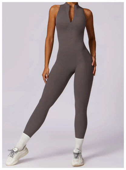 Women’s V-Back One-Piece Sports Jumpsuit — Sleeveless Yoga Romper with Zipper Workout Bodysuit