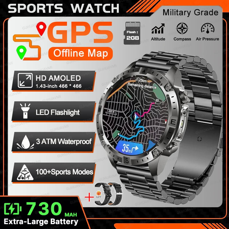 All-Terrain GPS Sports Smartwatch - Offline Maps, Altimeter, Barometer, Compass, 3ATM Waterproof & 730mAh Battery