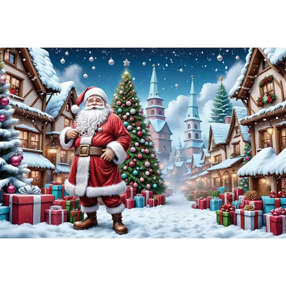 MOON.QG Christmas Santa Claus Village Backdrop – Holiday Photo Studio Background with Trees & Gifts for Home Decoration