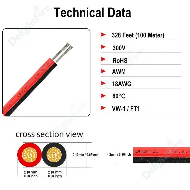 2-PIN Electrical Wire – Tinned Copper PVC Insulated Red & Black Cable for LED Strip Light Extension, 18/26/28 AWG