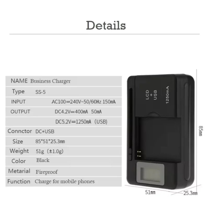 Universal Car Mobile Battery Charger - EU/US Plug with LCD Indicator Screen & USB Port for Phone Battery Charging