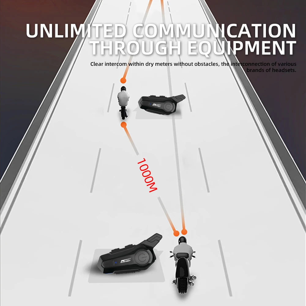 1/2X Bluetooth V5.3 Motorcycle Helmet Intercom Headset – 1000M Noise-Reduction Interphone with Music Sharing for Moto Riders