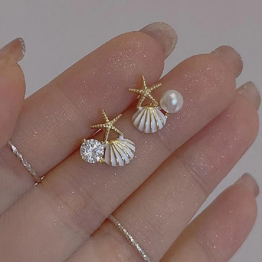 Ocean Style Asymmetric Earrings - Starfish Shell Pearl Zircon Stud Jewelry Gift for Women