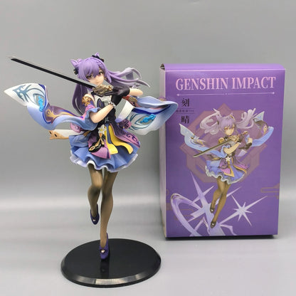 25CM Genshin Impact Keqing & Hu Tao Anime PVC Figure – Sword Swing Action Desktop Decoration Toy