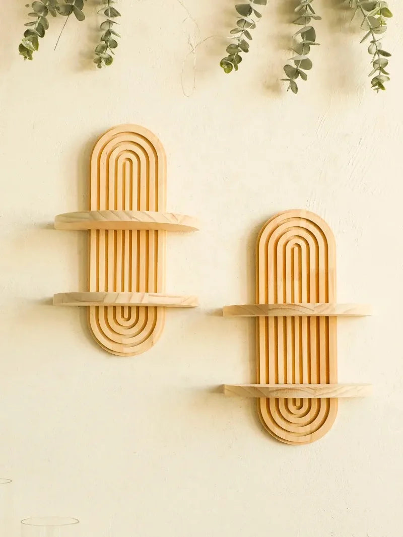 Wooden Wall-Mounted Shelves – Boho Style Rack for Living Room & Bathroom Home Decor