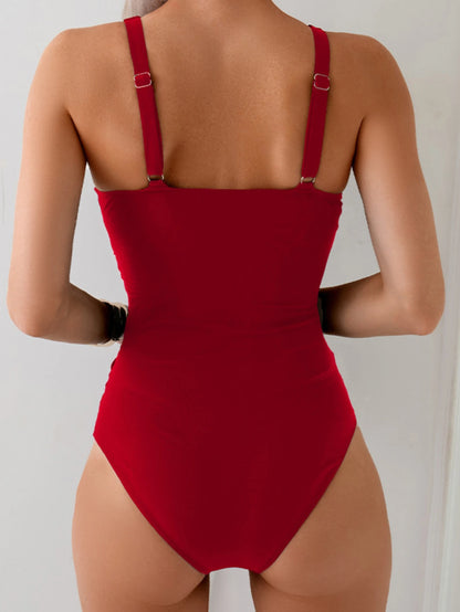 Women’s One-Piece Swimsuit – Solid Color V-Neck Monokini with Pleated Slim Fit, Sexy Cross Bandage Back Swimwear 2025