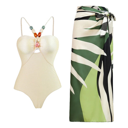 Blue One-Shoulder Ruffle Floral Monokini Swimsuit with Cover Up Sexy One Piece Beach Swimwear for Women Summer