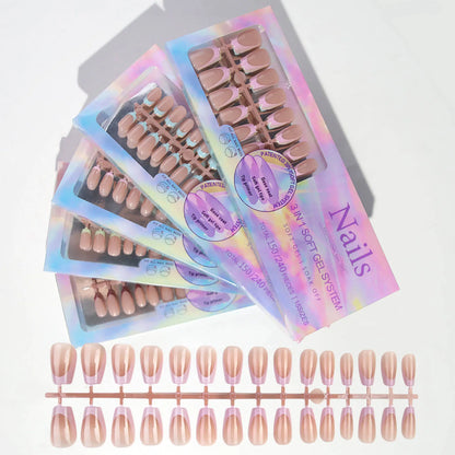 150PCS Press On Fake Nails - 6 Color Multi-Size Almond Acrylic Nails with French Style Removable Design