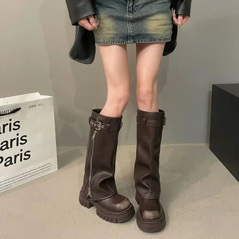 Winter Women's Biker Boots – Fashion Belt Buckle Knee-High Platform Booties