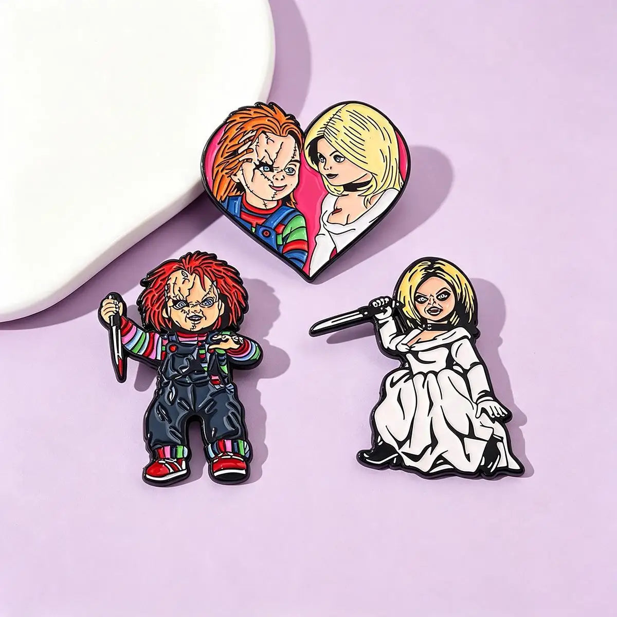 3-Piece Chucky & Tiffany Horror Enamel Pin Set - Metal Lapel Brooches for Backpacks, Cosplay Costumes & Halloween Gifts
