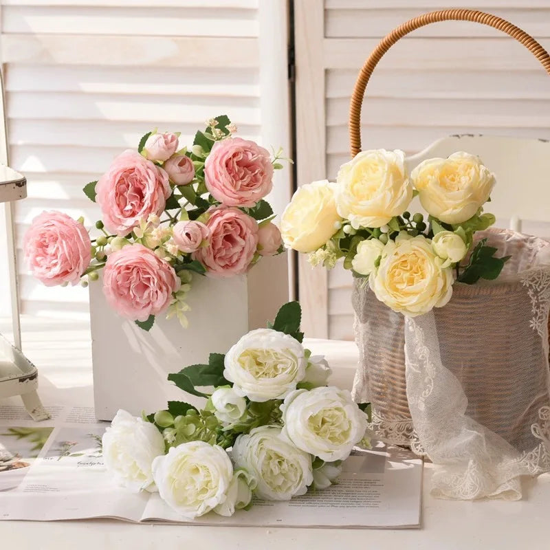 30cm Rose Pink Peony Silk Bouquet Artificial Flower, 5 Big Heads & 4 Small Buds for Wedding & Home Decor
