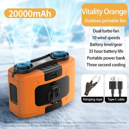 20000mAh Outdoor Portable Waist Fan - Hanging Neck Fan with Strong Wind, Power Bank & LED Lighting for Sports & Outdoor Work