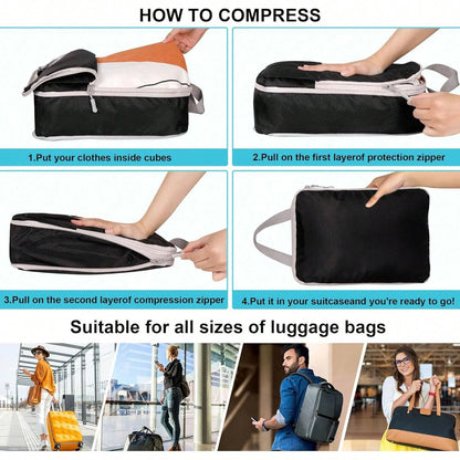 6-Piece Compressible Waterproof Nylon Packing Cubes Set – Portable Travel Storage Bags with Handbag Luggage Organizer
