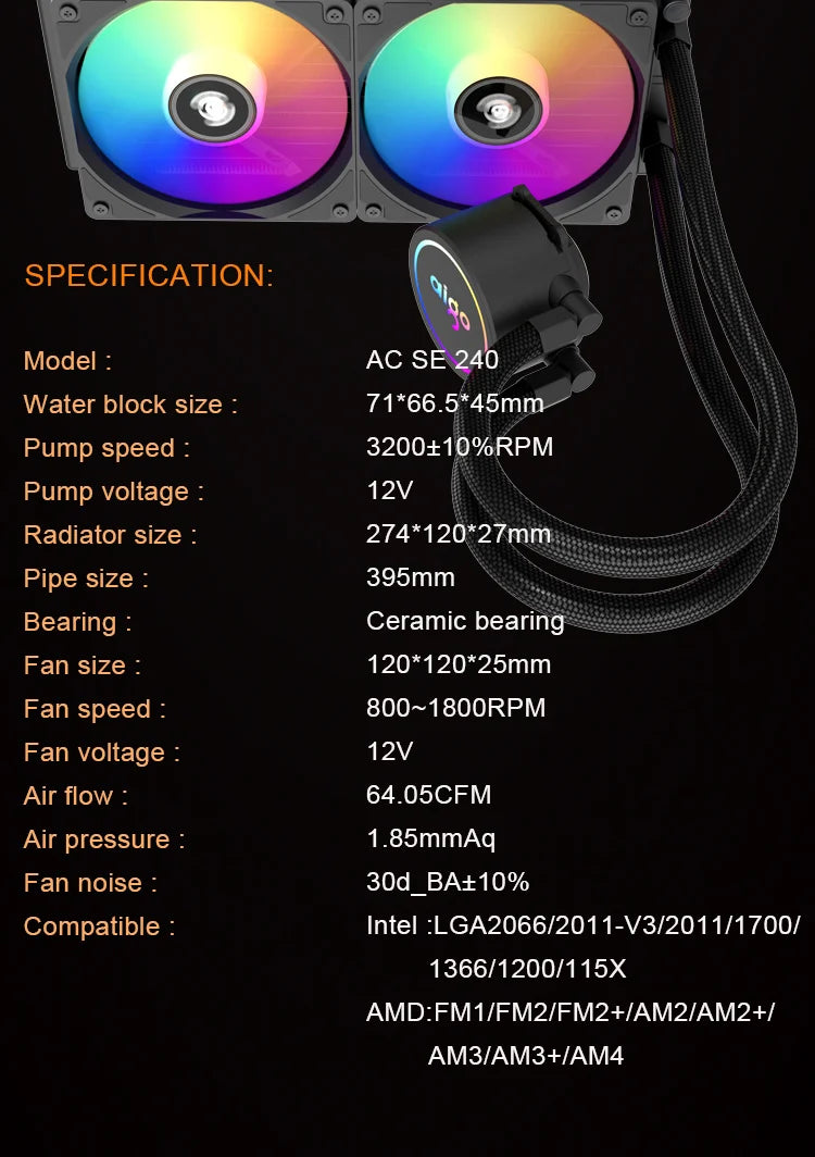 Aigo ACSE Water Cooling CPU Cooler – 120/240mm RGB Fan Liquid Heatsink Radiator for LGA 2066/2011/1151/1155/AM3+/AM4