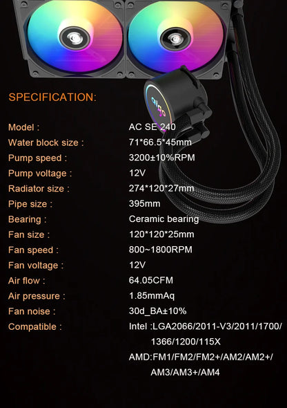 Aigo ACSE Water Cooling CPU Cooler – 120/240mm RGB Fan Liquid Heatsink Radiator for LGA 2066/2011/1151/1155/AM3+/AM4