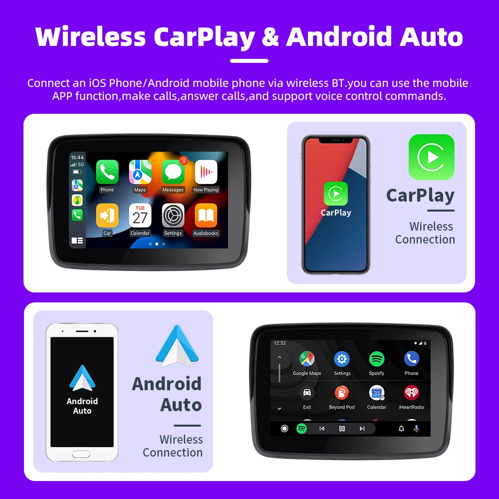 EVKEY MTC13 Motorcycle Navigation Display - Waterproof CarPlay Screen, Portable Wireless Monitor with Android Auto