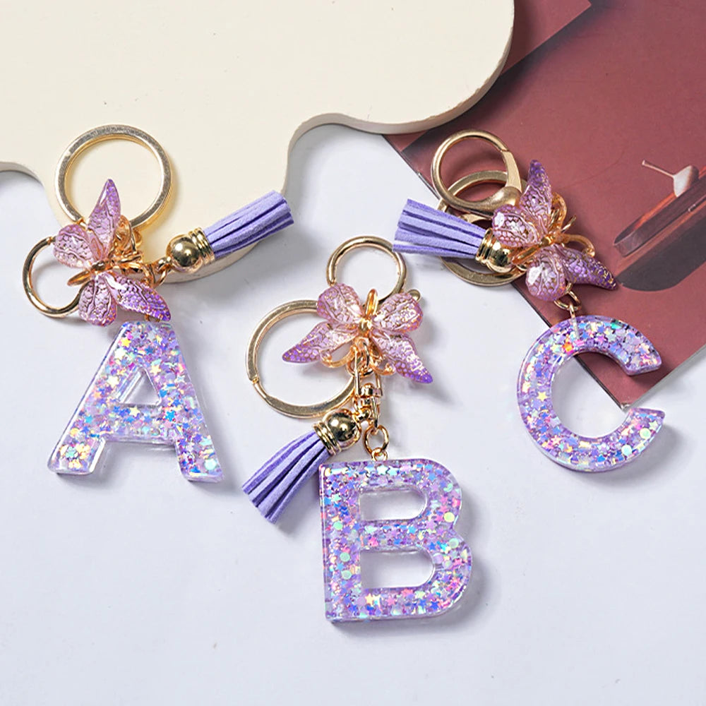 A-Z Initial Letter Sequin Keychain - Purple Butterfly Tassel Resin Keyring Backpack Charm Gift