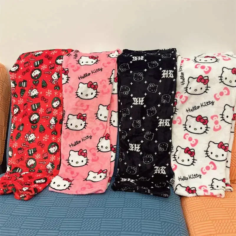 Thick Hello Kitty Fleece Pajama Pants – Soft Double Elastic Anime Trousers for Women, Cute Sanrio Birthday Gift