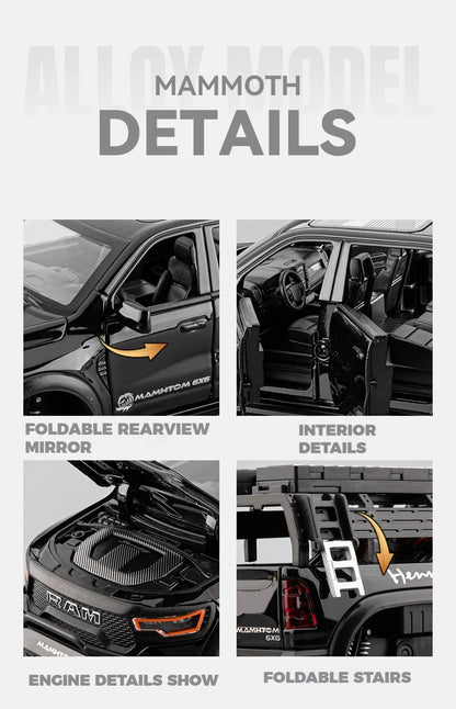 1:24 Dodge Mammoth RAM 1000 TRX 6x6 Diecast Model Car – Metal Alloy Toy with Lights for Kids & Collectors Gift