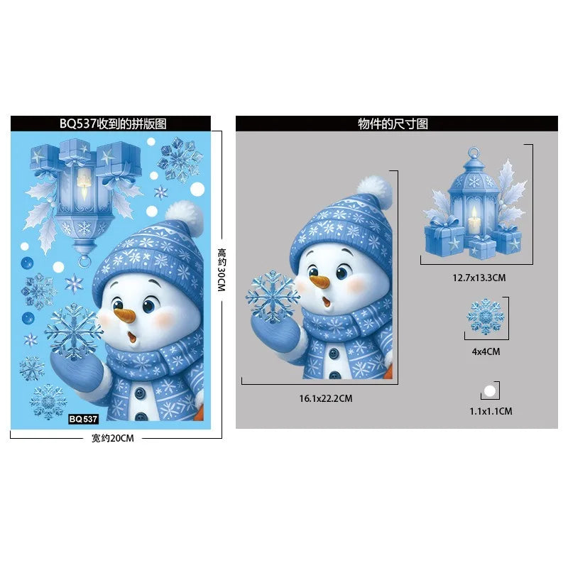 Christmas Blue Snowman Window Stickers – Santa, Snowflake, Bird & Elk Ornaments for Merry Christmas 2025 and Happy New Year 2026