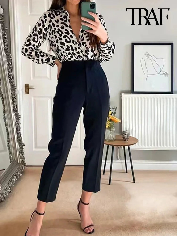 TRAF Women's Fashion Pants: Casual Basic Solid Vintage High Waist Zipper Fly Ankle Trousers with Pockets