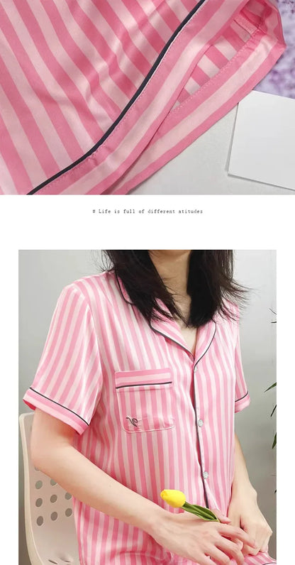 Plus Size Women’s Pajama Set – Short Sleeve Cardigan & Striped Shorts Two-Piece Homewear